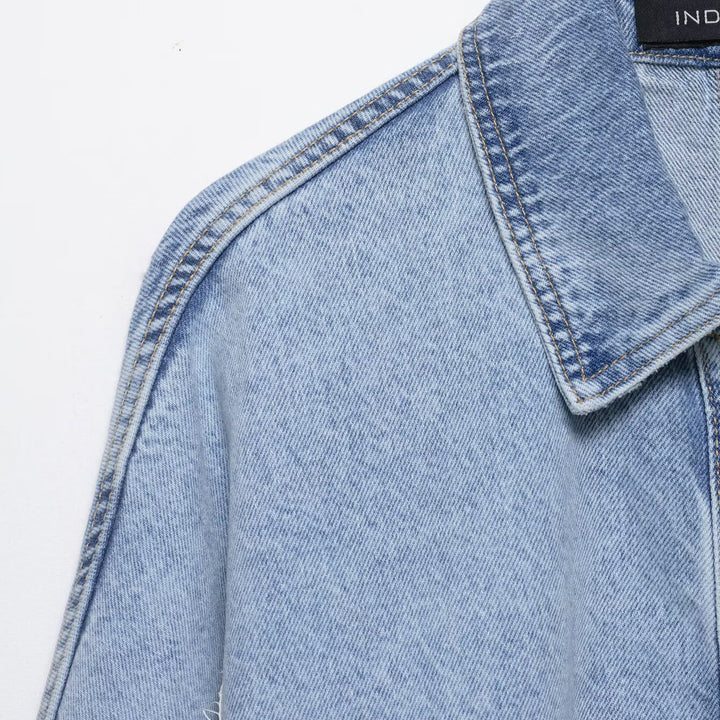 Women Short Cut Oversized Denim Jacket with Lace Detail and Batwing Sleeves Mune Fashion