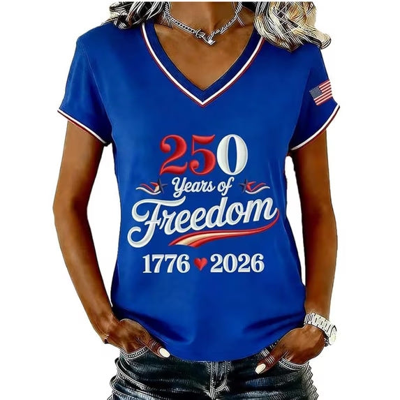 Women’s V-neck Retro Print T-shirt with Eagle Emblem and vintage-inspired Graphic Mune Fashion
