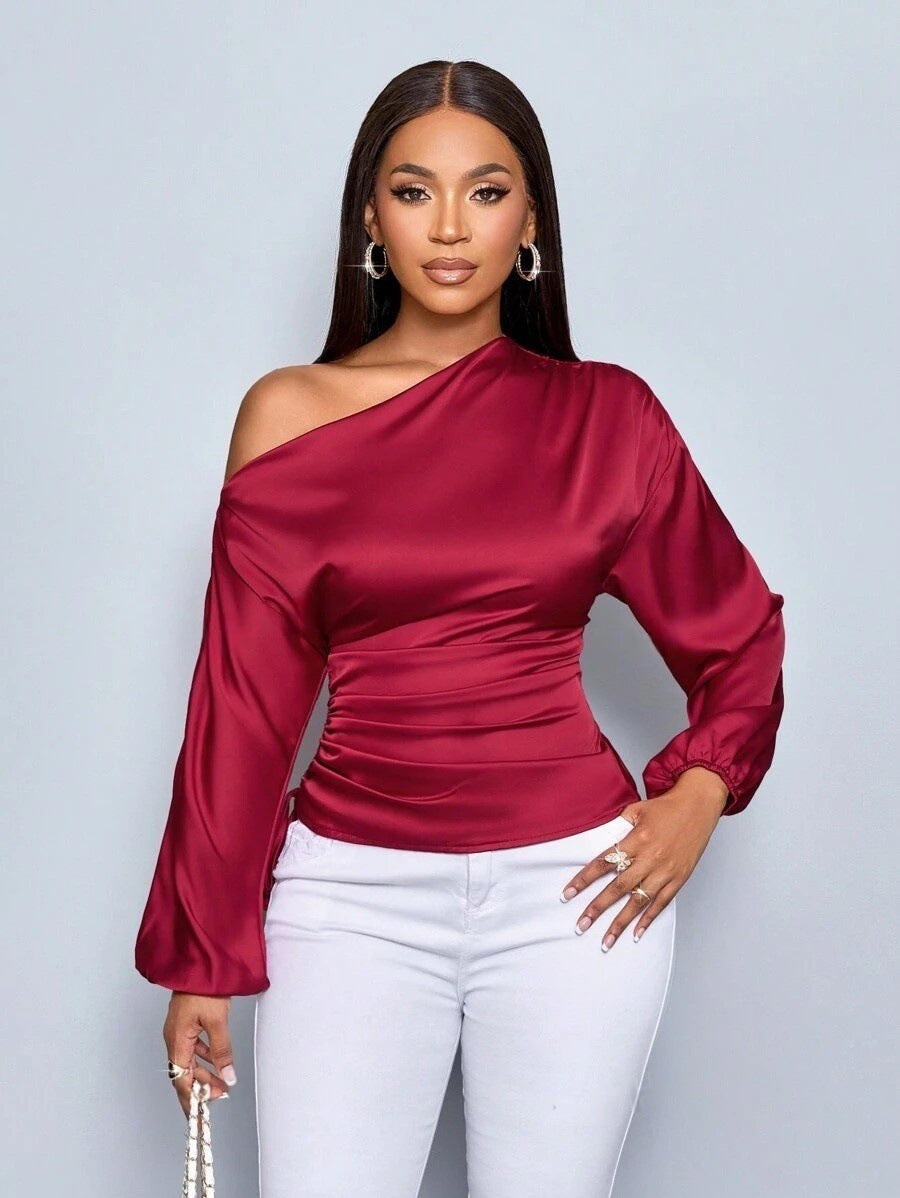 Women's satin blouse with asymmetric off-the-shoulder neckline and wide batwing sleeves Drune