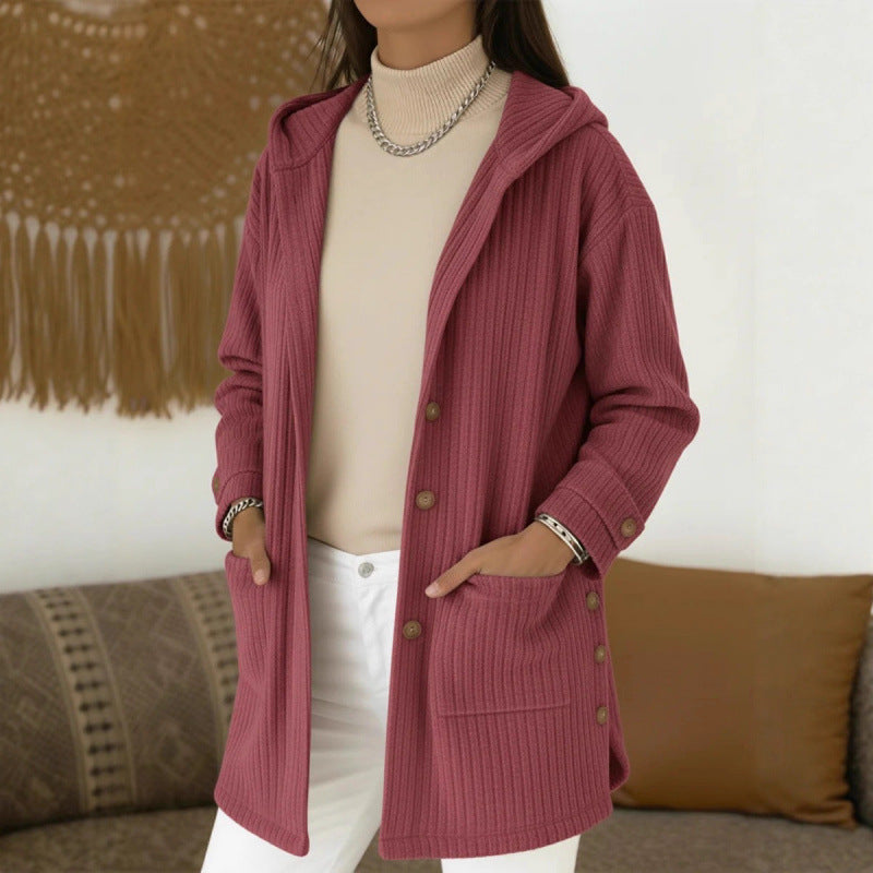 Women's Long Hooded Knitted Cardigan with Ribbed Texture, Button Placket and Side Pockets Mune Fashion