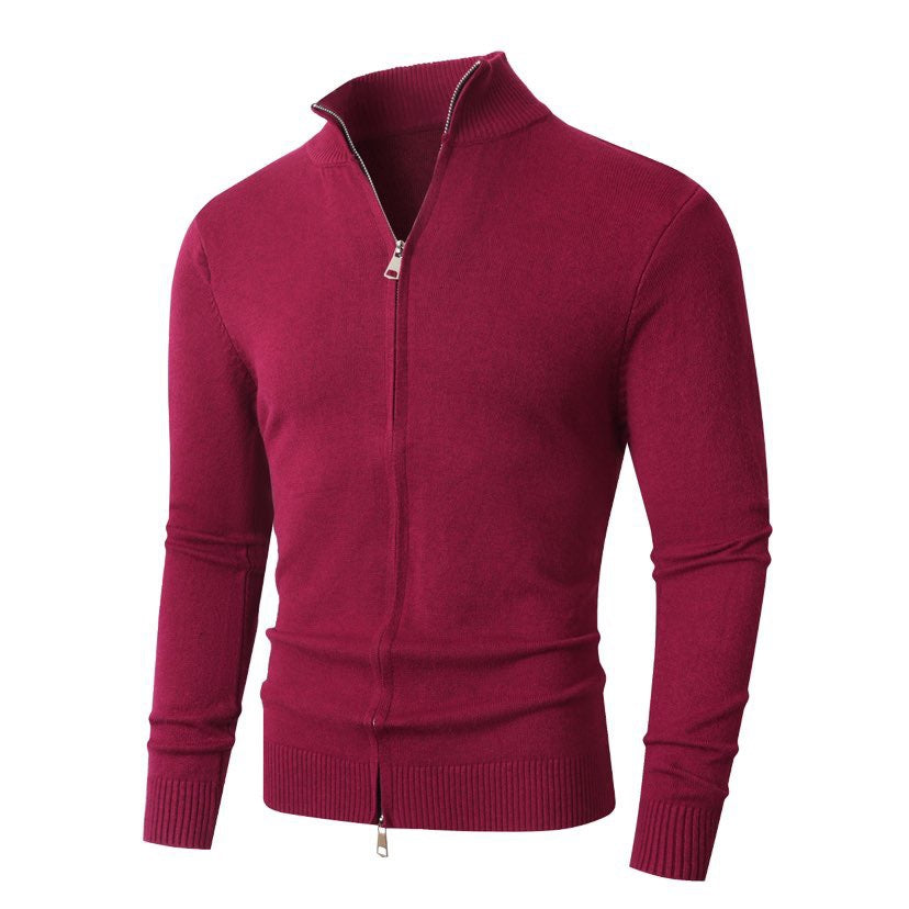 Men's Slim Fit Fine Knit Cardigan with Double Zipper and Stand Collar Mune Fashion