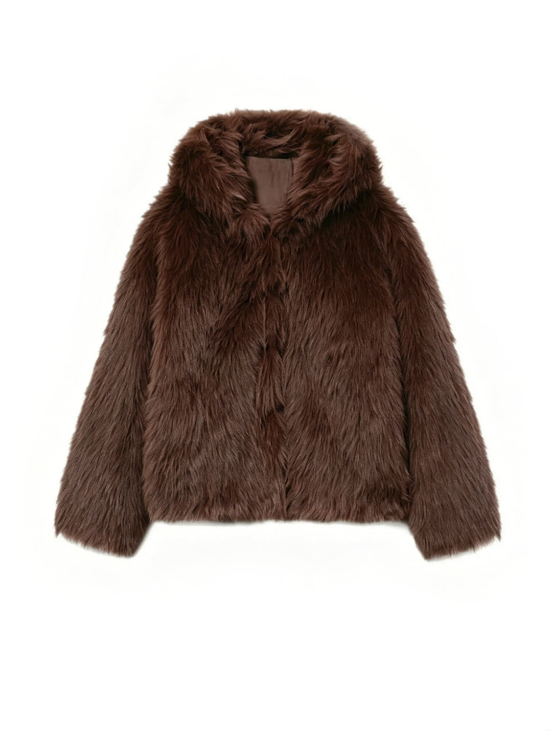 Women's short blazer made of long-fiber shaggy faux fur with high shawl collar and clear boxy silhouette Mune Fashion