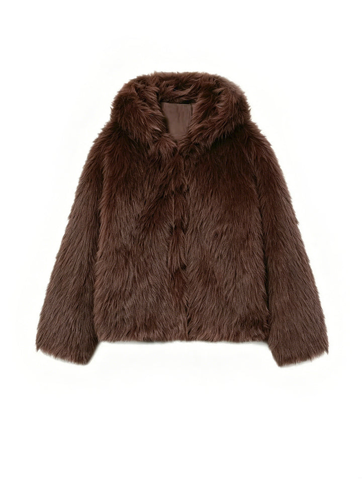 Women's short blazer made of long-fiber shaggy faux fur with high shawl collar and clear boxy silhouette Mune Fashion