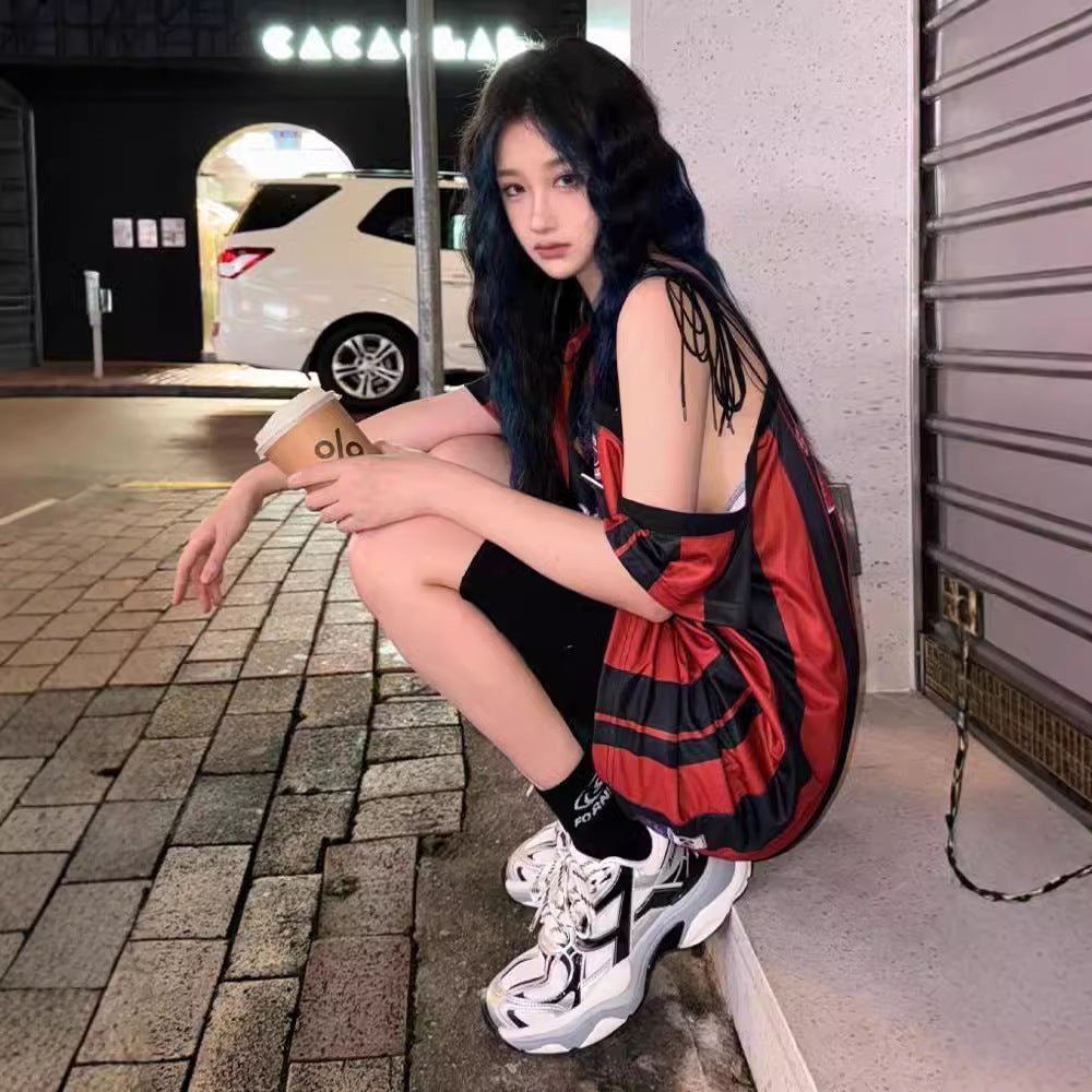 Women's oversized sports shirt with lacing detail and breathable mesh Mune Fashion