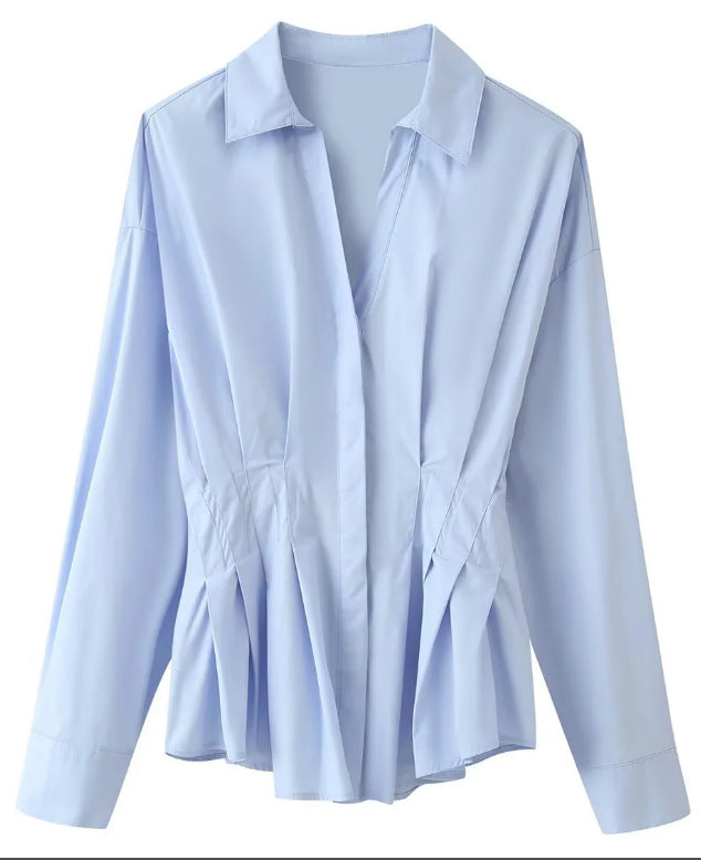 Women tailored blouse with tuck pleats and shirt collar Mune Fashion