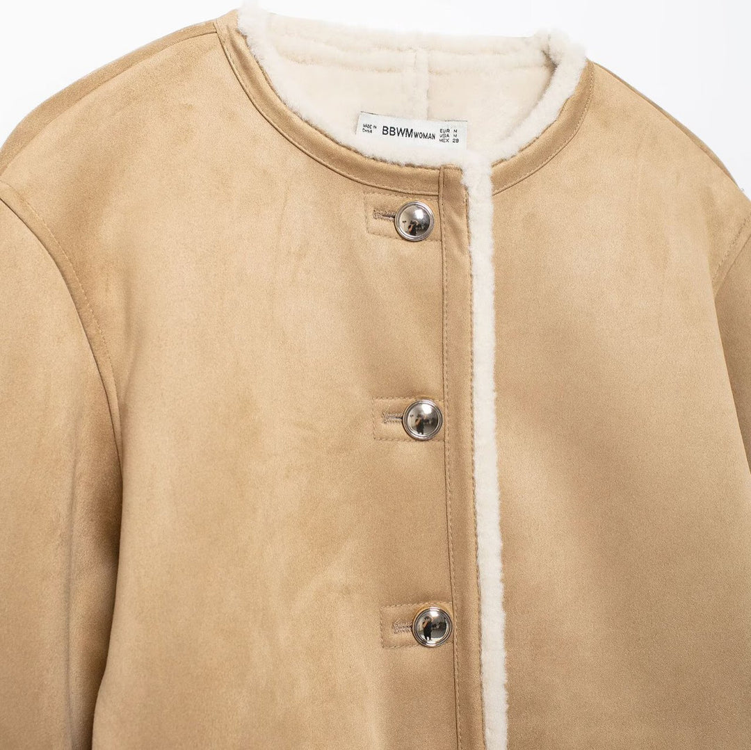 Women's Short Lambskin Look Cardigan Jacket made of Velour Imitation with Round Neck and Snap Buttons Mune Fashion