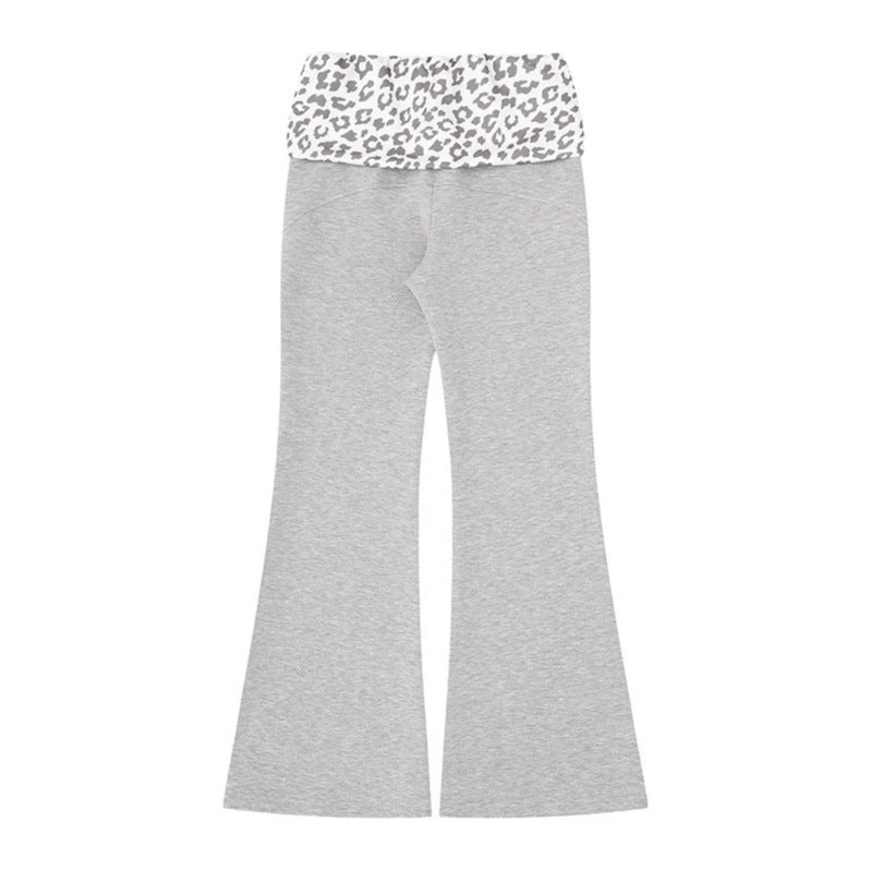 Women's Wide Jersey Lounge Pants with Flared Hem and Turned-Down Leopard Waistband Mune Fashion