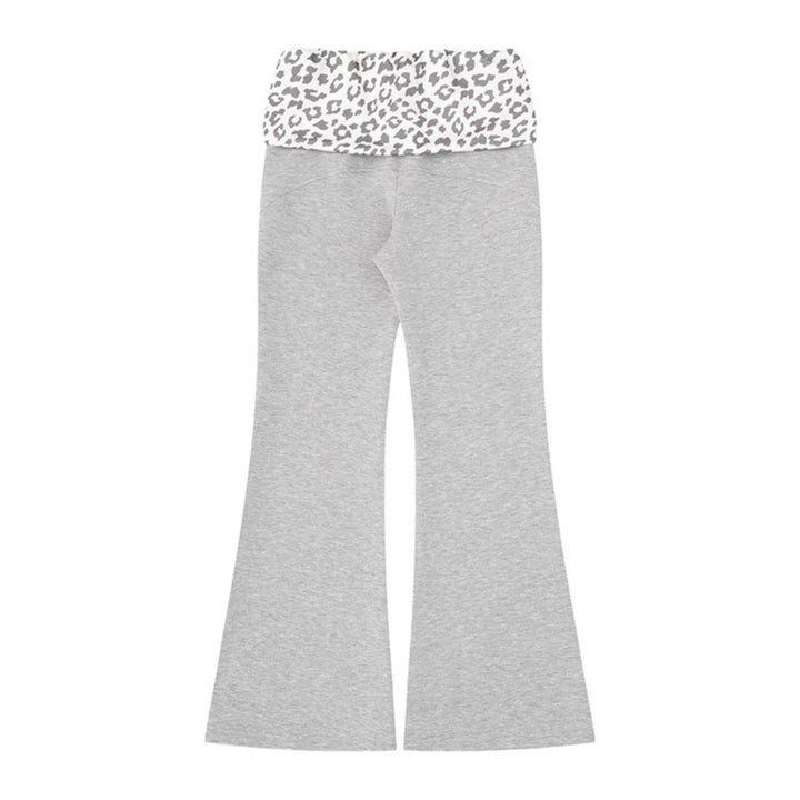 Women's Wide Jersey Lounge Pants with Flared Hem and Turned-Down Leopard Waistband Mune Fashion