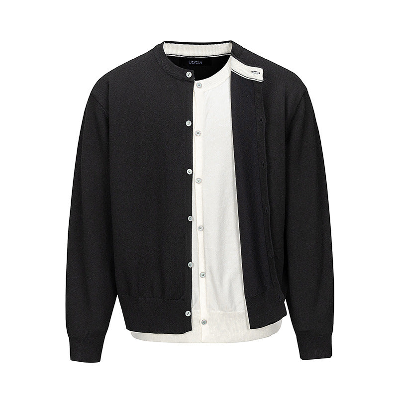 Men's fine knit cardigan with two-layer look, round neck and continuous button placket Mune Fashion