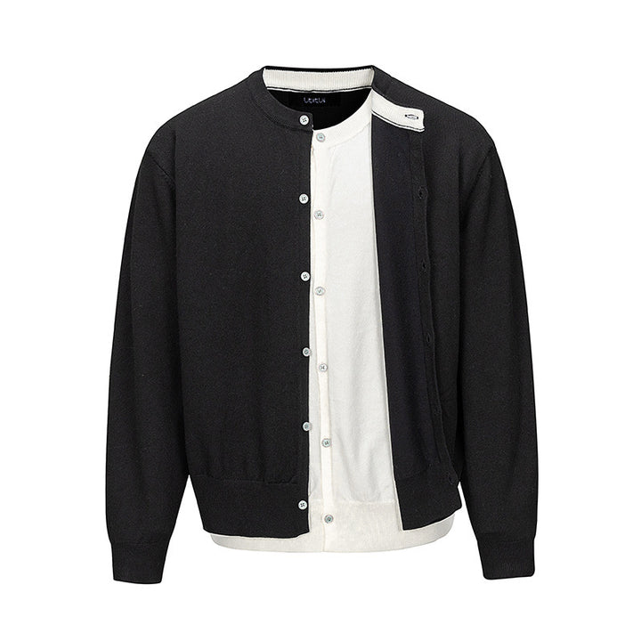 Men's fine knit cardigan with two-layer look, round neck and continuous button placket Mune Fashion
