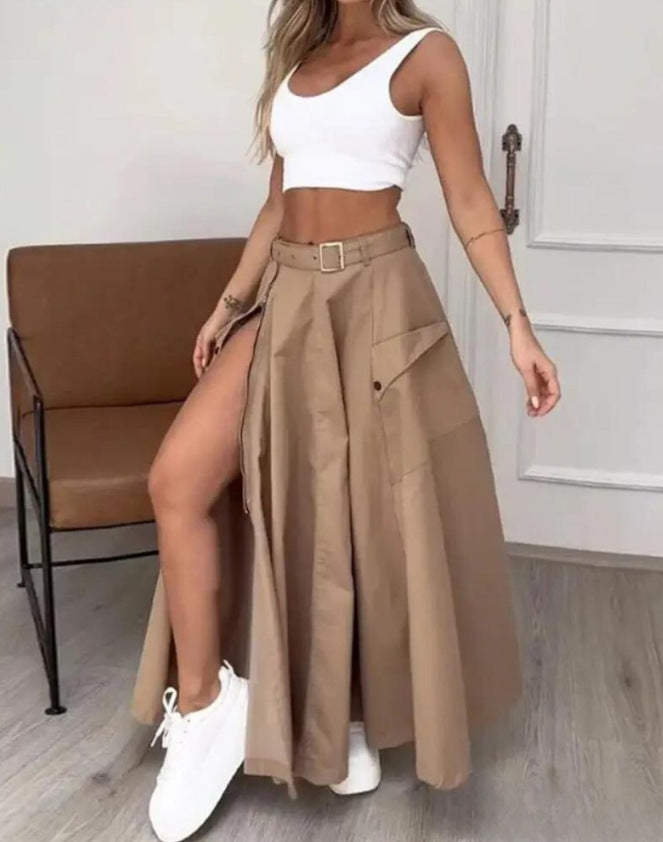 Women's maxi skirt with high slit, cargo pockets and waist belt Mune Fashion