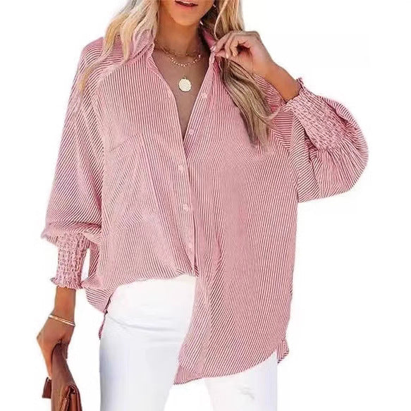 Women's oversized striped linen-look blouse with shirred cuffs
