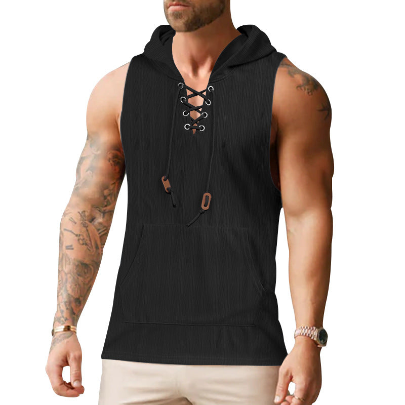 Men sleeveless hoodie sweatshirt with laced collar and kangaroo pocket Mune Fashion
