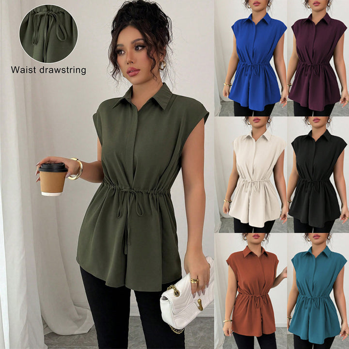 Women's Sleeveless Shirt Blouse Tunic with Drawstring Waistband Mune Fashion