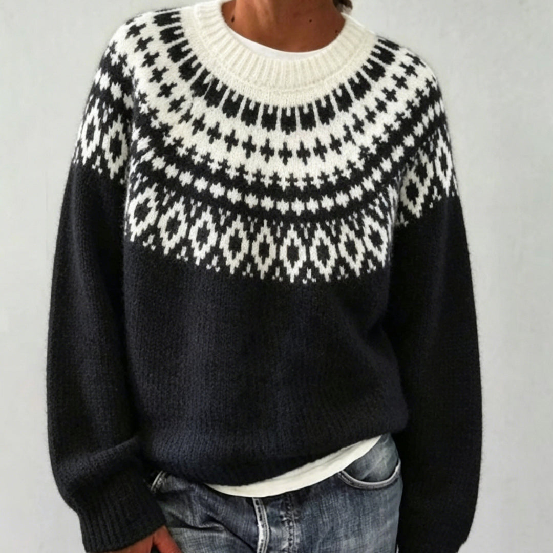 Women Round Neck Norwegian Sweater with Fair Isle Jacquard Mune Fashion