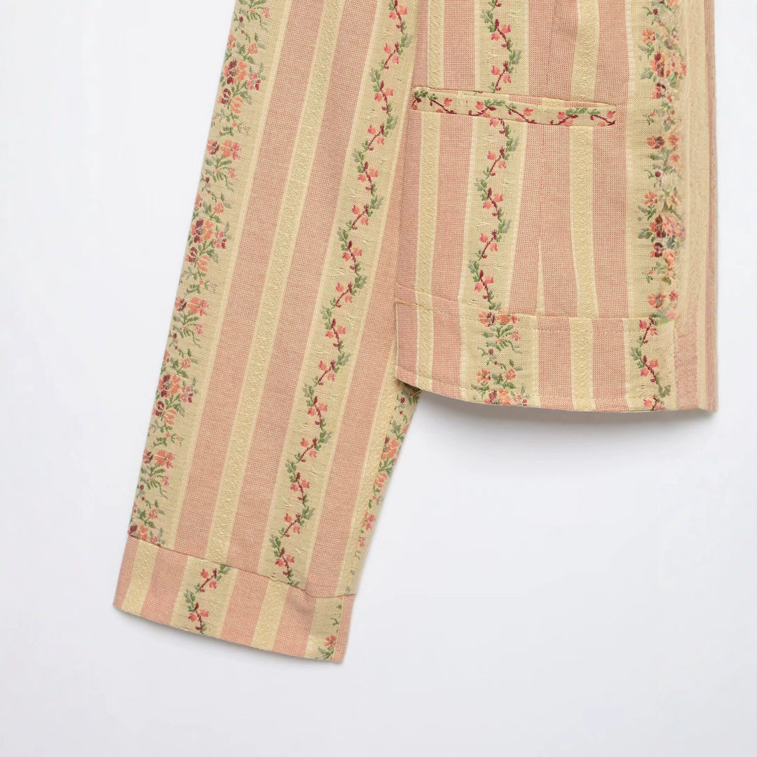 Women's short blouson jacket in vintage stripe pattern with asymmetrical button placket Drune