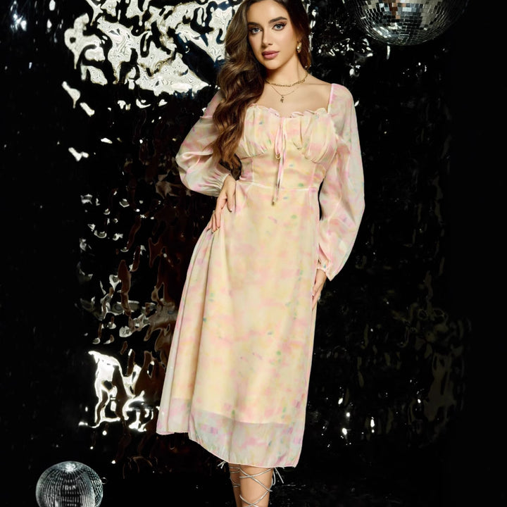 Women's midi dress with corset bustier, balloon sleeves, and A-line skirt Mune Fashion