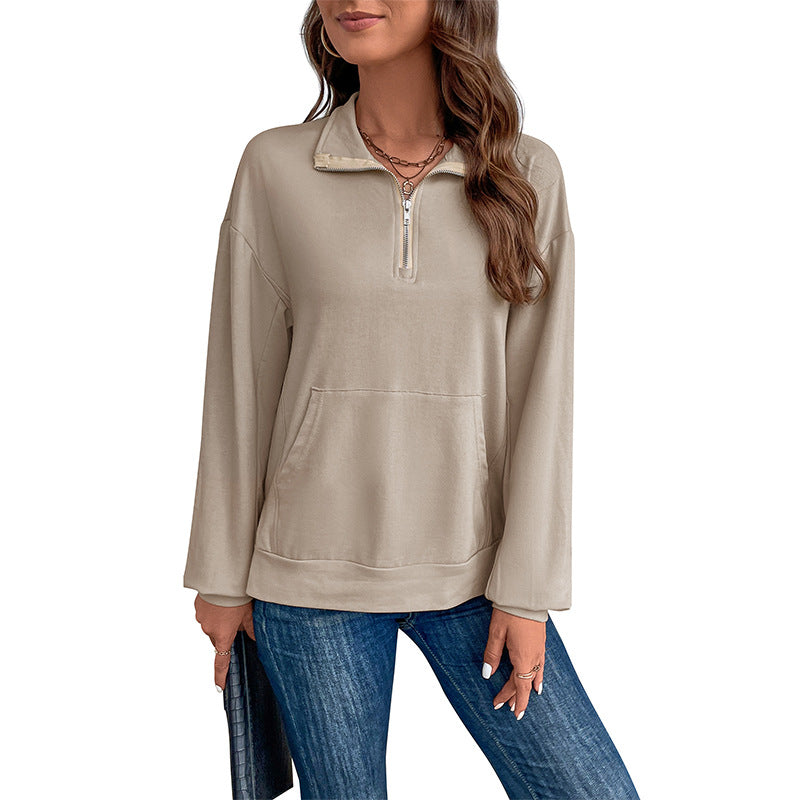 Women's Lightweight Half-Zip Sweatshirt in Relaxed Fit with Kangaroo Pocket and Stand-Up Collar Mune Fashion