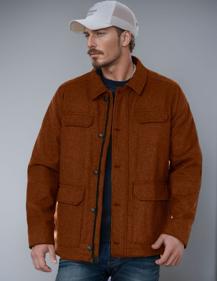 Men's Wool Field Jacket with Four Flap Pockets and Shirt Collar Mune Fashion
