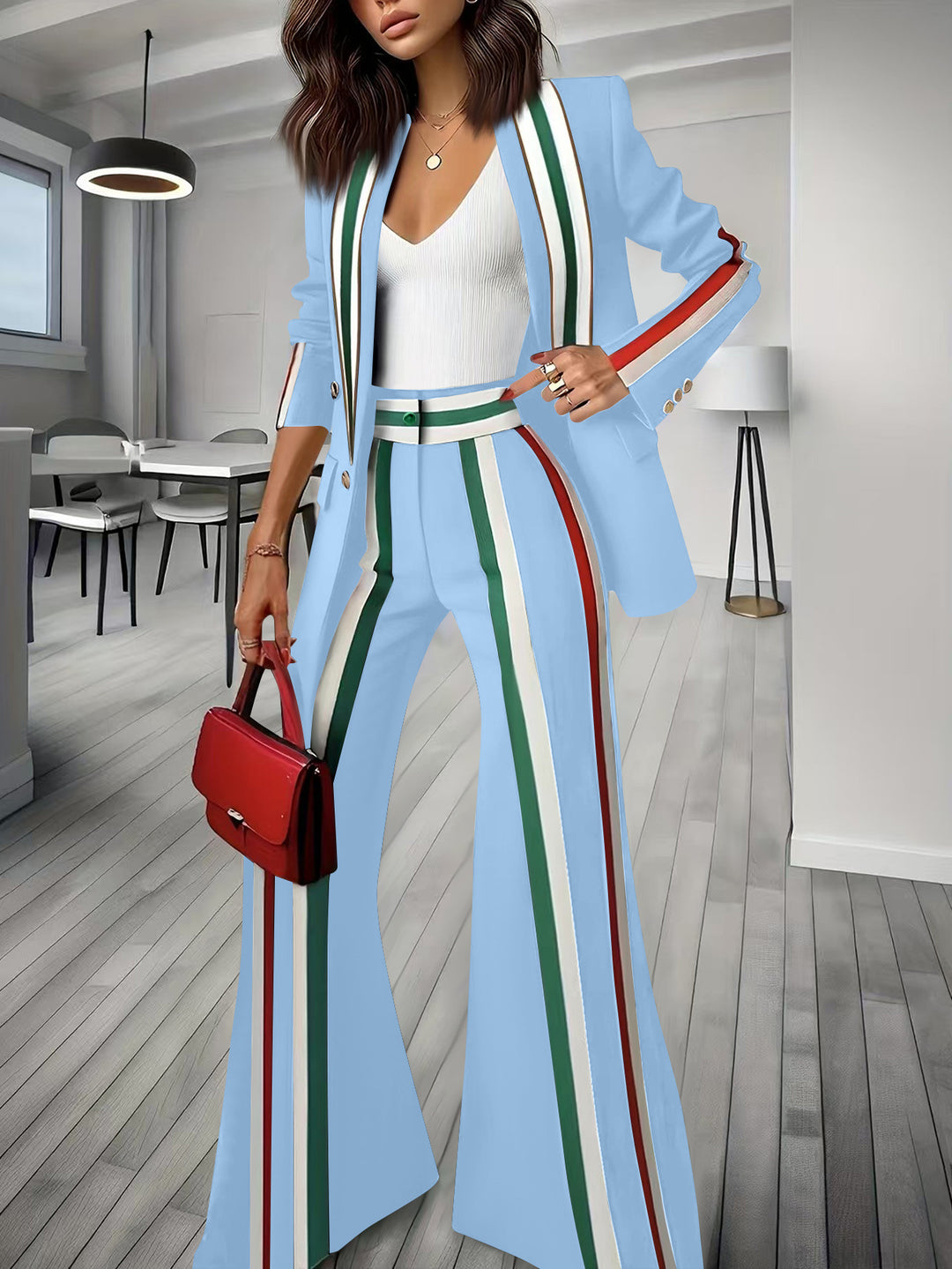 Ladies Elegant Blazer-Pants Set with Side Contrast Stripes and Wide Flare Mune Fashion