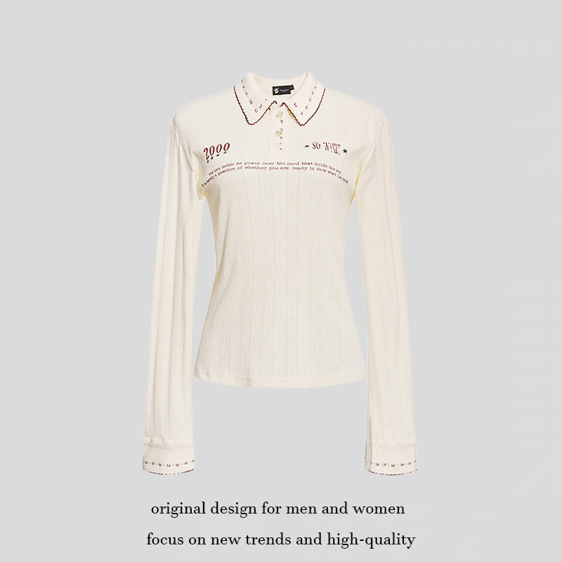 Ladies fine ribbed polo shirt with pointed collar, button placket and decorative embroidery Mune Fashion
