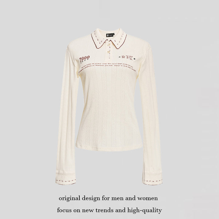 Ladies fine ribbed polo shirt with pointed collar, button placket and decorative embroidery Mune Fashion