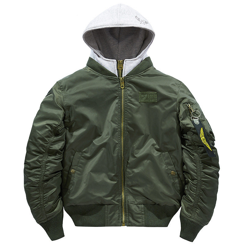 Men's aviation-inspired bomber jacket with integrated hood insert, arm pocket, and padded lining Mune Fashion