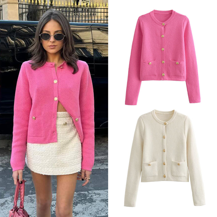 Women Cropped Boucle Cardigan with Round Neck, Flap Pockets and Coin Buttons Mune Fashion