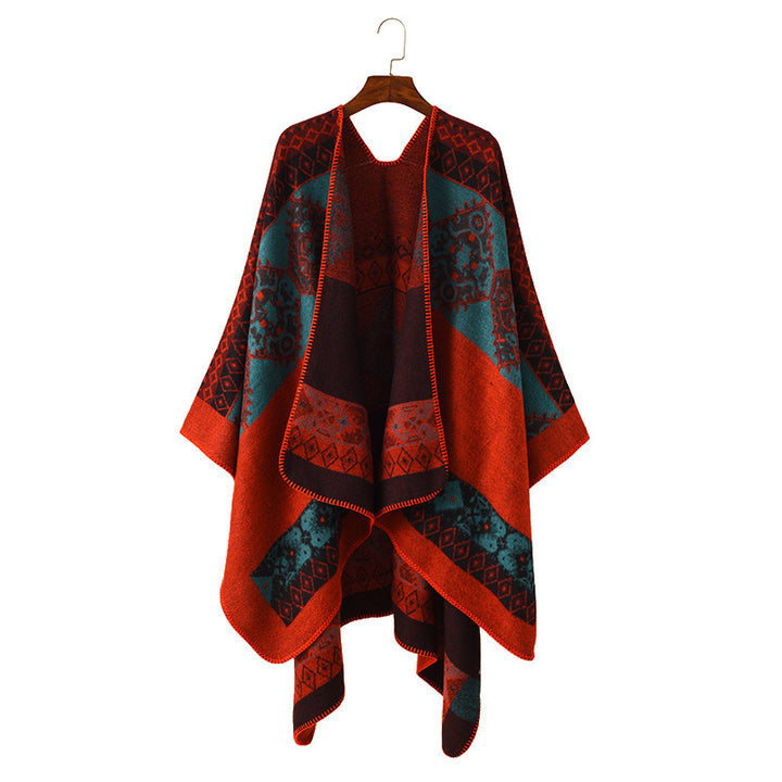 Women's Oversize Knit Poncho with Folk Jacquard Pattern Mune Fashion