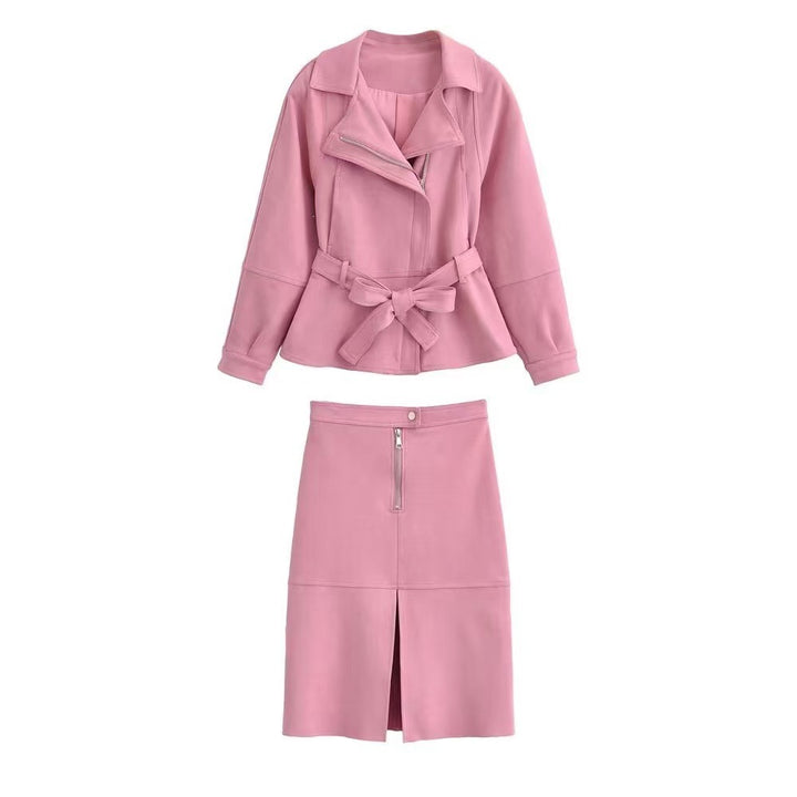 Women's short jacket with belted waist, asymmetrical lapel, and peplum hem Mune Fashion