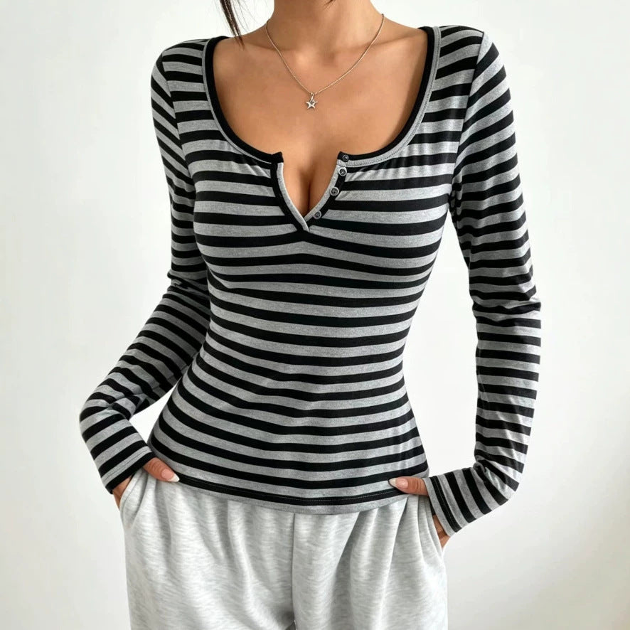 Women nan tailored striped long-sleeve shirt with deep round neck and decorative button placket Mune Fashion
