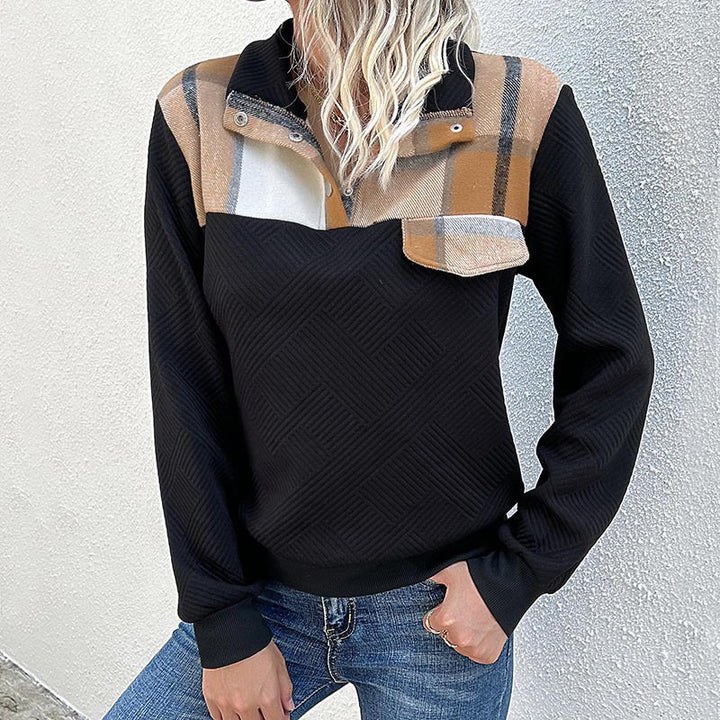 Women Quilted Sweatshirt with Check Pattern Trim, Stand-Up Collar and Snap Button Placket Mune Fashion