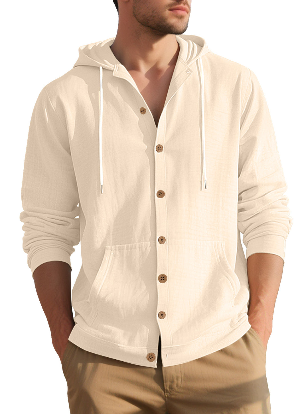 Men's lightweight hooded overshirt in crinkle look with wooden button placket and kangaroo pocket Mune Fashion