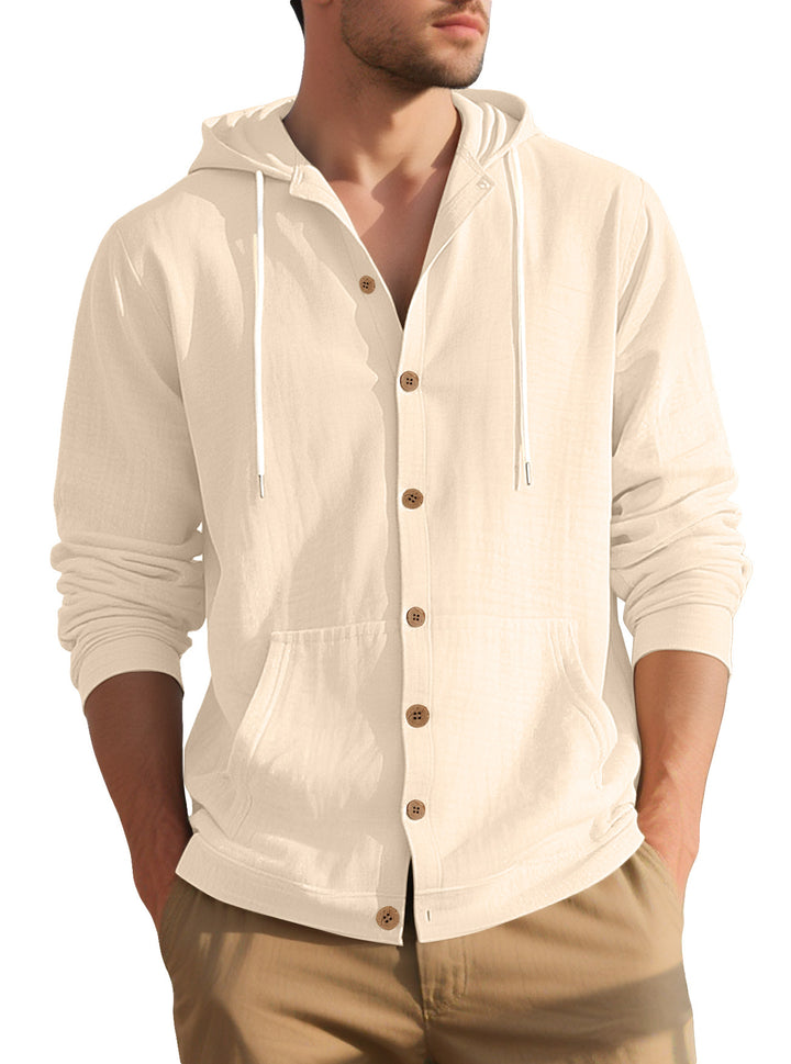 Men's lightweight hooded overshirt in crinkle look with wooden button placket and kangaroo pocket Mune Fashion