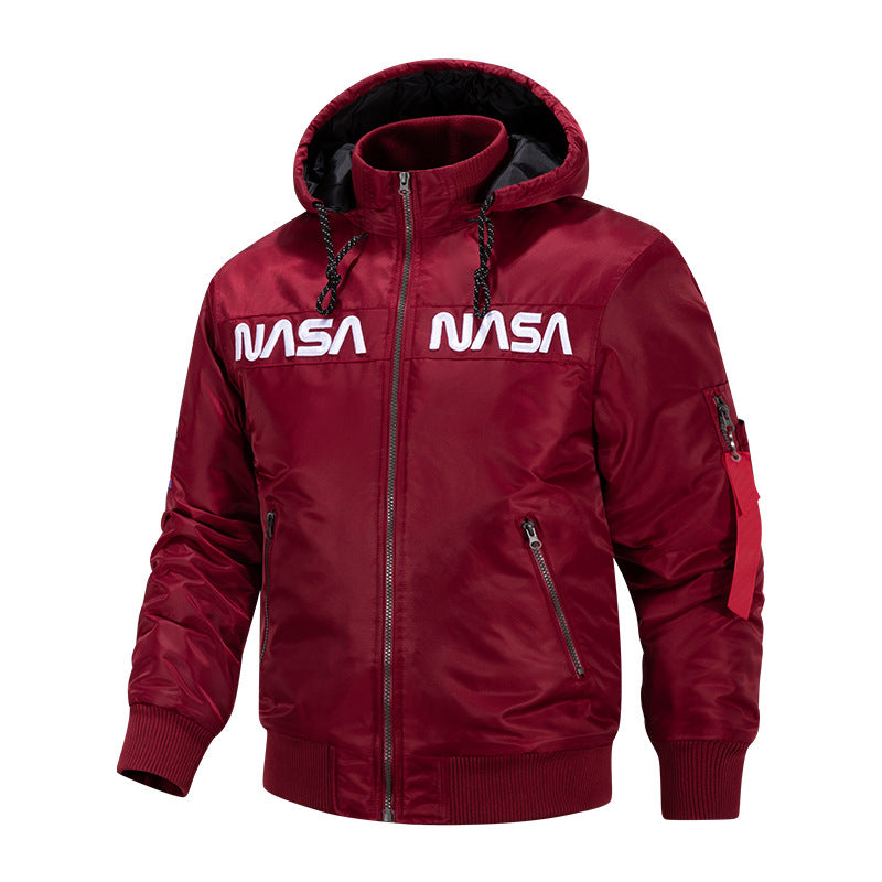 Men's  quilted-lined hooded pilot bomber with high-neck rib collar and zip sleeve utility pocket Mune Fashion
