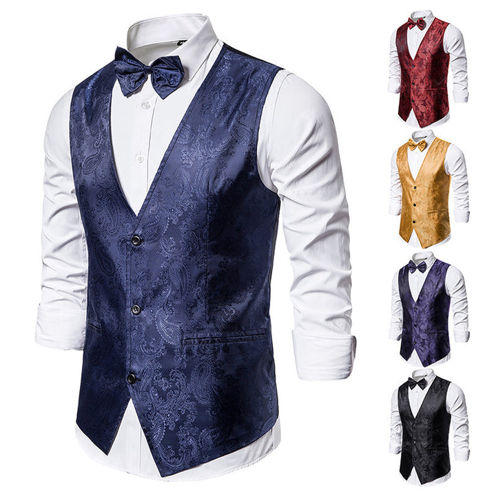 Men's tailored satin vest with ornamental jacquard pattern, V-neck and three buttons Mune Fashion