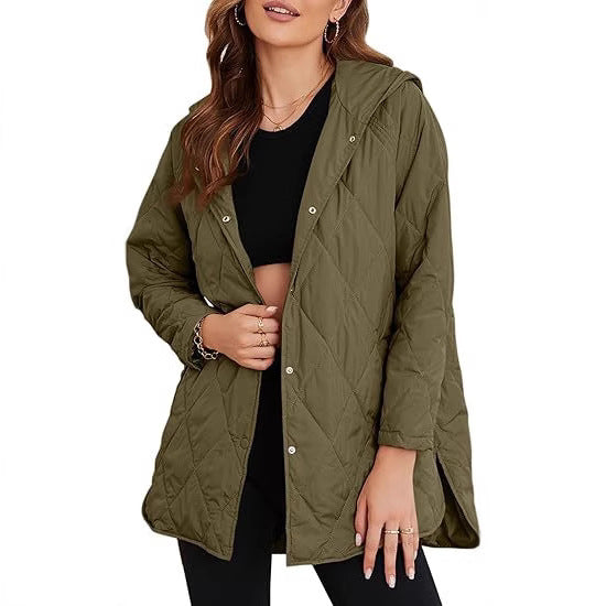 Women's quilted hooded jacket with snap button placket, side slits, and medium length Mune Fashion