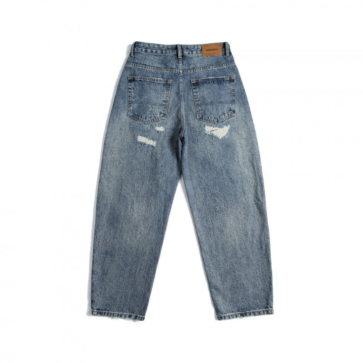 Ladies High-Waist Mom Jeans with wide leg, used wash and destroyed details Mune Fashion