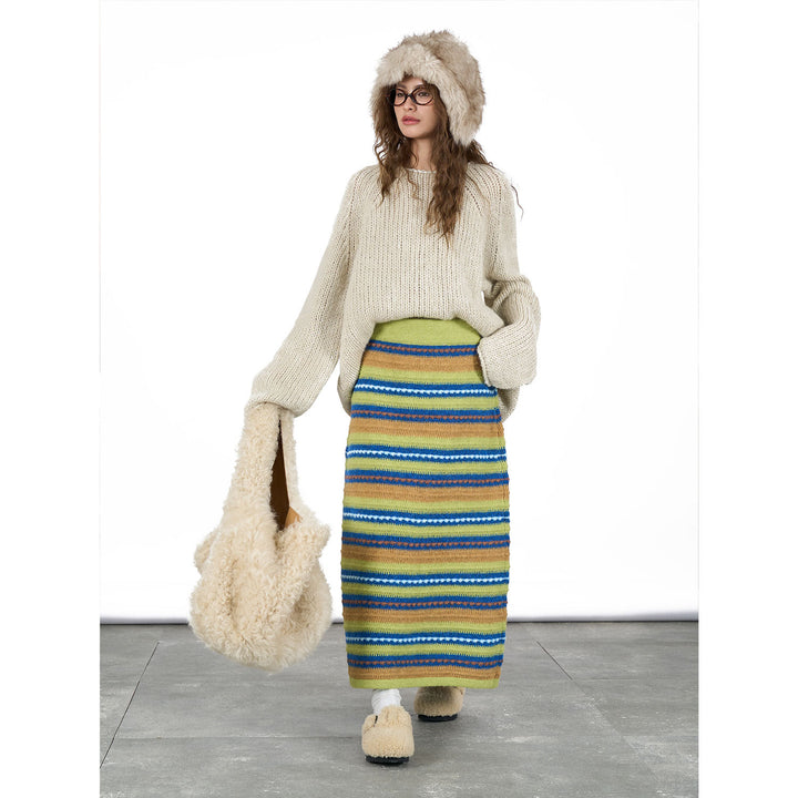 Women Striped Maxi Knit Skirt with High Waist and Fine Rib Structure Mune Fashion