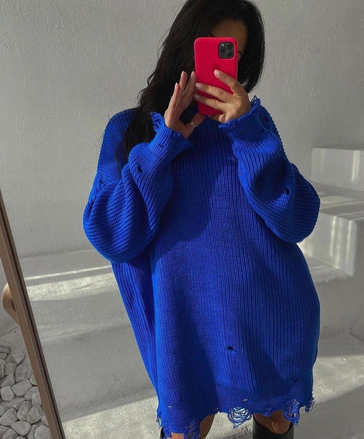 Women Oversized Knitted Dress with Destroyed Hem and Balloon Sleeves Mune Fashion