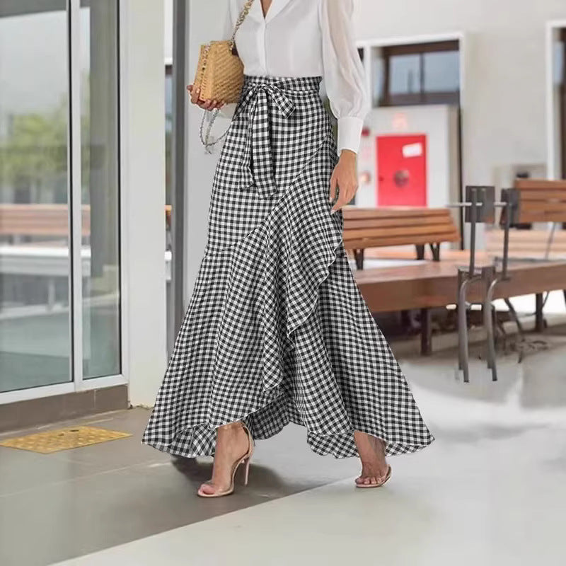 Women nan wrap maxi skirt with Vichy check, high waist tie and asymmetrical flounce hem Mune Fashion