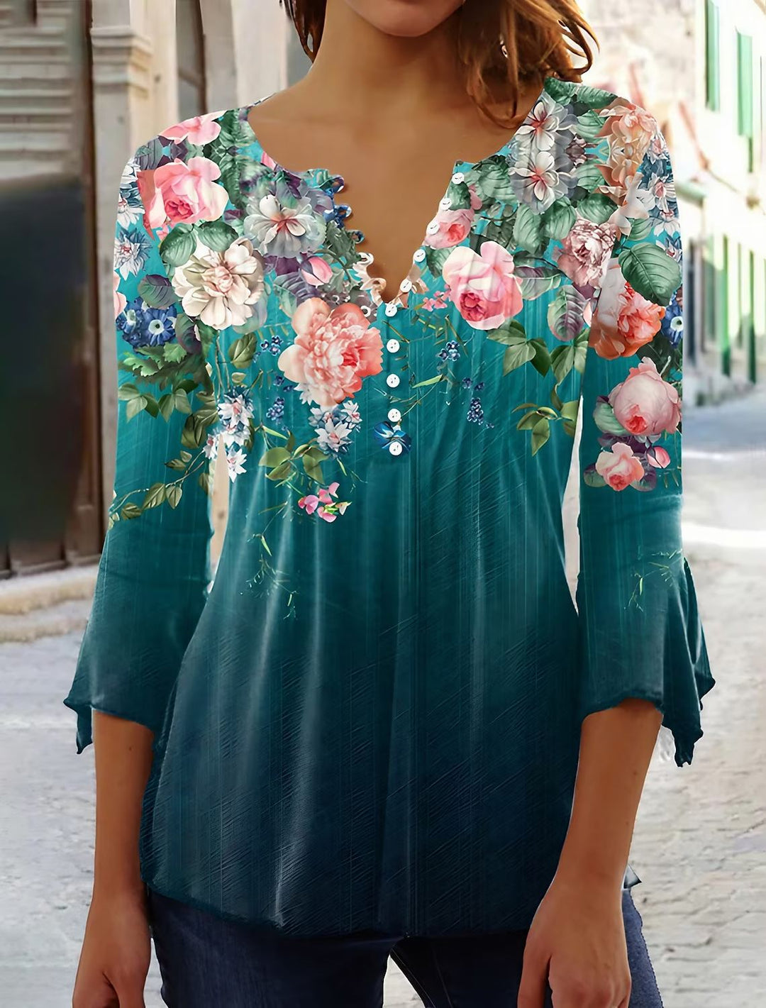 Women's Lightweight Viscose Tunic with V-Neck, Pleating and Floral Border Print Mune Fashion