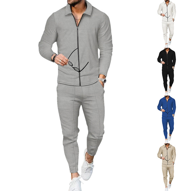 Men's casual waffle texture tracksuit with shirt collar, concealed zipper and drawstring pants Mune Fashion