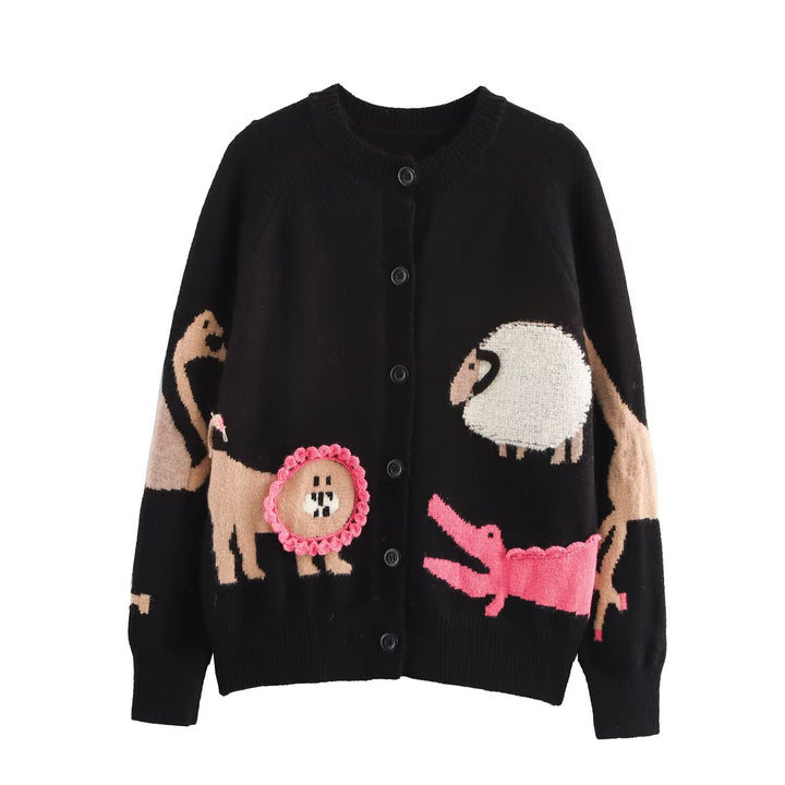 Ladies knit cardigan with playful animal intarsias and 3D applications Mune Fashion