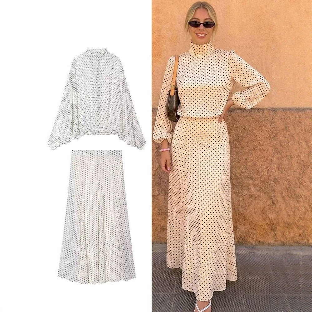 Women's Two-Piece Set made of lightweight chiffon with wide midi skirt and balloon sleeve blouse with bow collar Mune Fashion