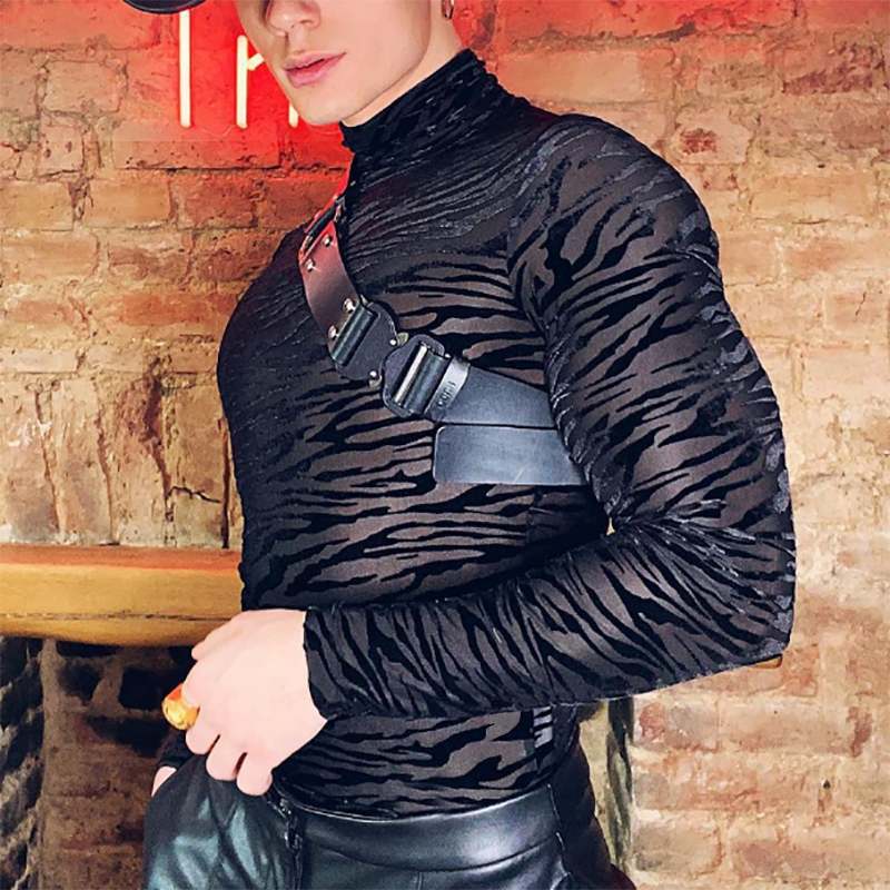 Women's transparent long-sleeve net top with turtleneck and animal structure pattern Mune Fashion