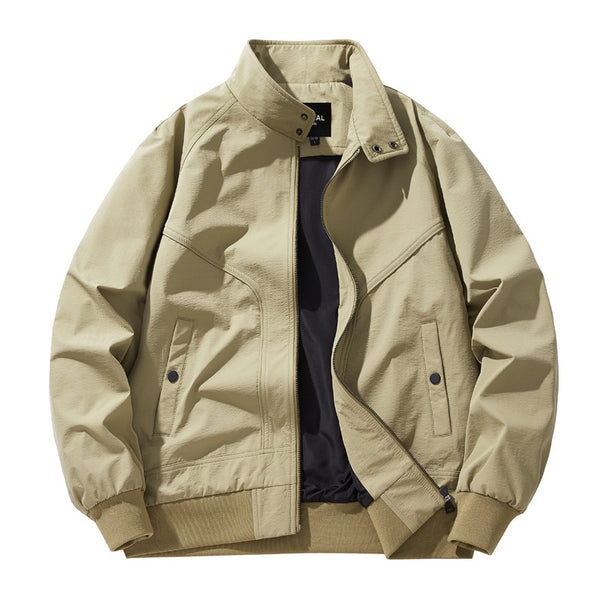 Men lightweight stand-up collar cotton blend bomber jacket with snap button neckline and diagonal seam details Mune Fashion