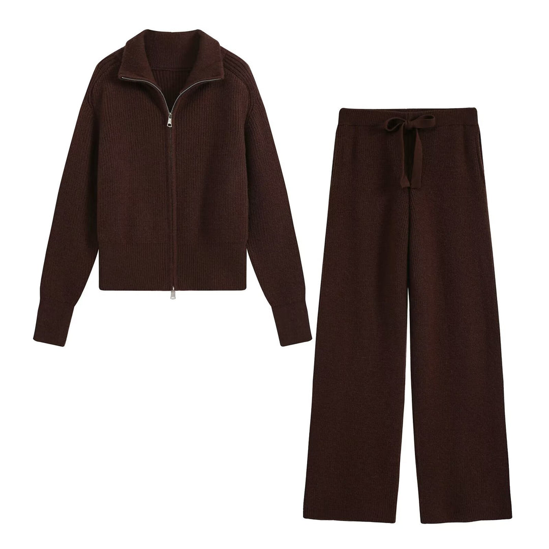 Women fine-structured knit set with zip cardigan and wide pants Mune Fashion