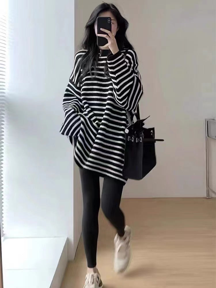 Women Oversize Knit Long Pullover with Horizontal Stripe Structure Mune Fashion