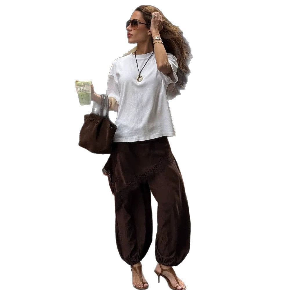 Women's Wide Harem Pants with Elastic Waistband, Gathered Ankles & Lace Applique Mune Fashion